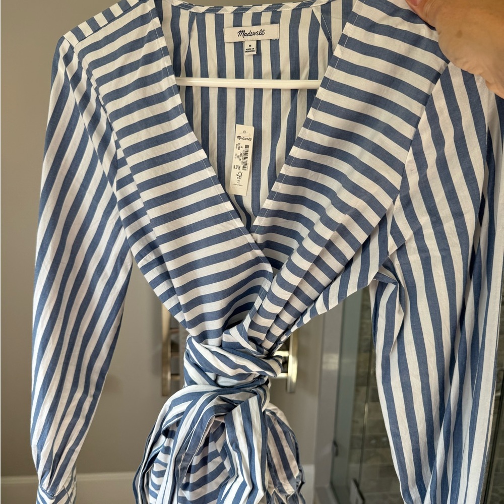 Madewell Cuffed Sleeve Navy and White Striped Wrap Top